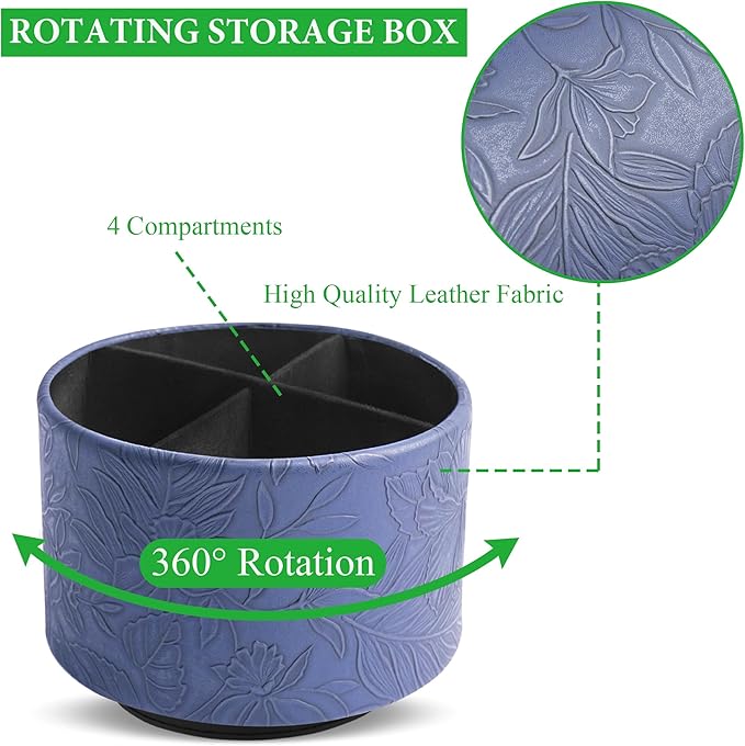 Hennaja Round Leather Art Supply Organizer,Remote Control Holder,360 Degree Spinning,Multi-Functional Pencil Holder,4 Compartments Desktop Stationary Organizer(1-Carved Dark Blue)