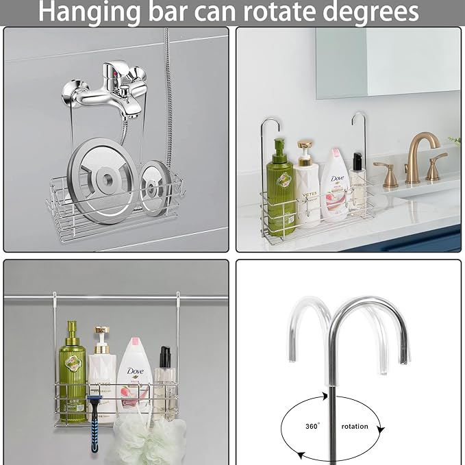 2pcs Single-Layer Hanging Shower Caddy, Rustproof Shelves Rack with Rotatable Hook bar, Large Capacity Bathroom Organizers and Storage, No Drilling Shampoo Bracket