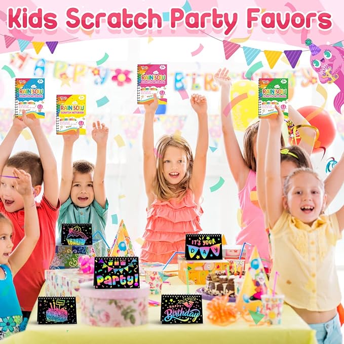 Scratch Paper Art Party Favors for Kids: 4 Pack Rainbow Scratch Notebook, Goodie Bags Stuffers Coloring Books Party Favors for Kids 3-12, Bulk Classroom Birthday Gifts for Student