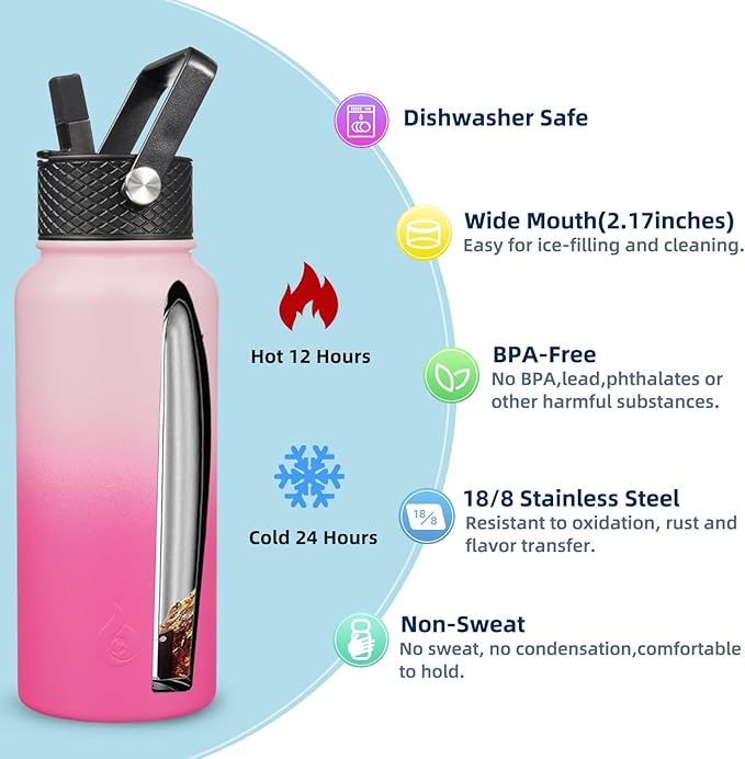 BJPKPK Insulated Water Bottles with Straw Lid, 32oz Metal Large Water Bottle with 3 Lids, Reusable Leak Proof BPA Free Thermo, Stainless Steel Tumblers for Sports, Gym, Travel-Cherry