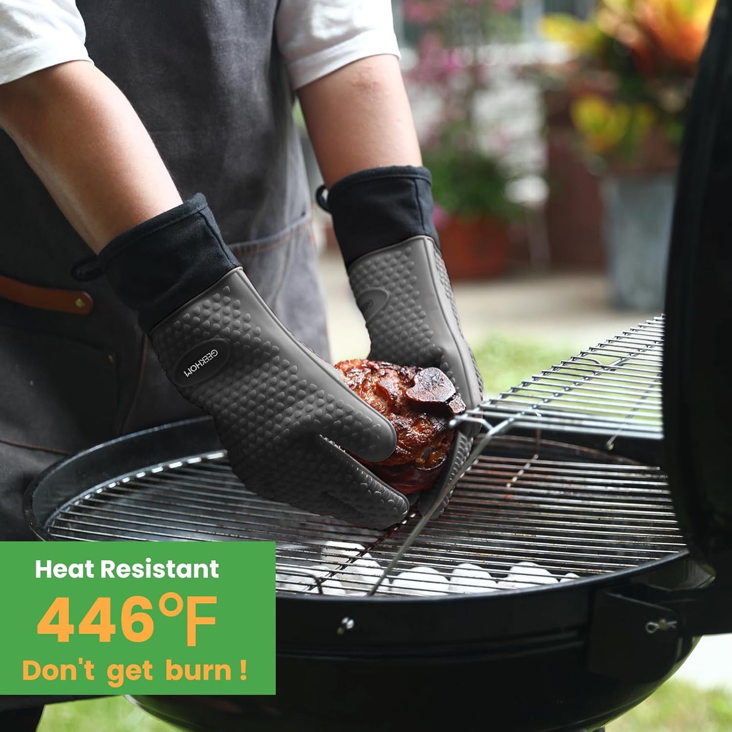 GEEKHOM BBQ Gloves Heat Resistant Oven Mitts - Silicone Grilling Gloves with 13.7" Arm Protection - Waterproof Pot Holder Non-Slip for Men & Women, Kitchen Outdoor Cooking, Baking, Camping, Gray