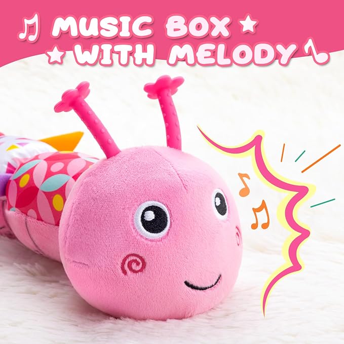 AWOTOY Baby Toys 0-6-12 Months,Infant Musical Stuffed Animals Activity Toys with Muti-Sensory Crinkle,Rattles,Baby Girl Toys Gifts for Newborn Tummy Time,Caterpillar,Pink