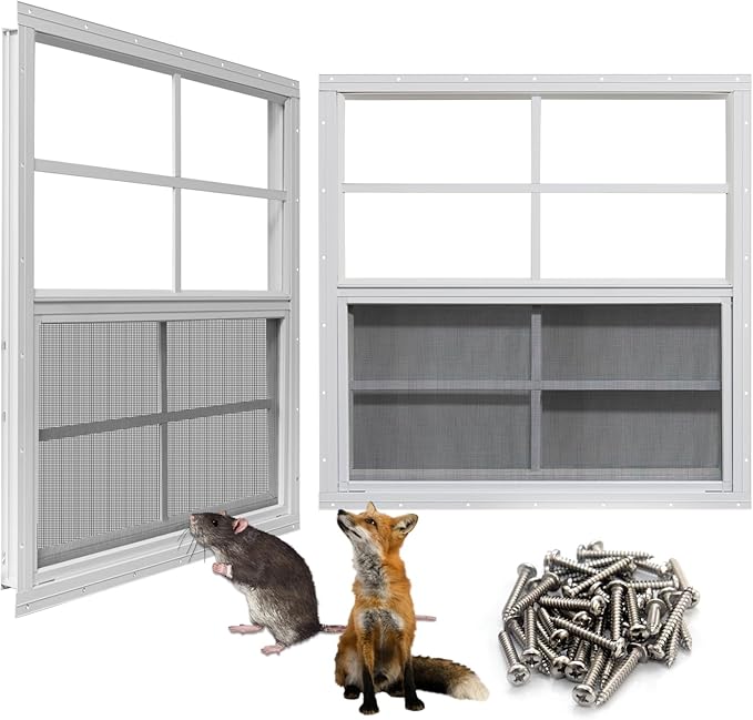 NeatiEase Upgraded Shed Windows 2 Pack, 24" x 24" Windows with Tempered Glass and Stainless Steel Screen for Shed, Chicken Coop, Playhouse, Household, Garage(White)