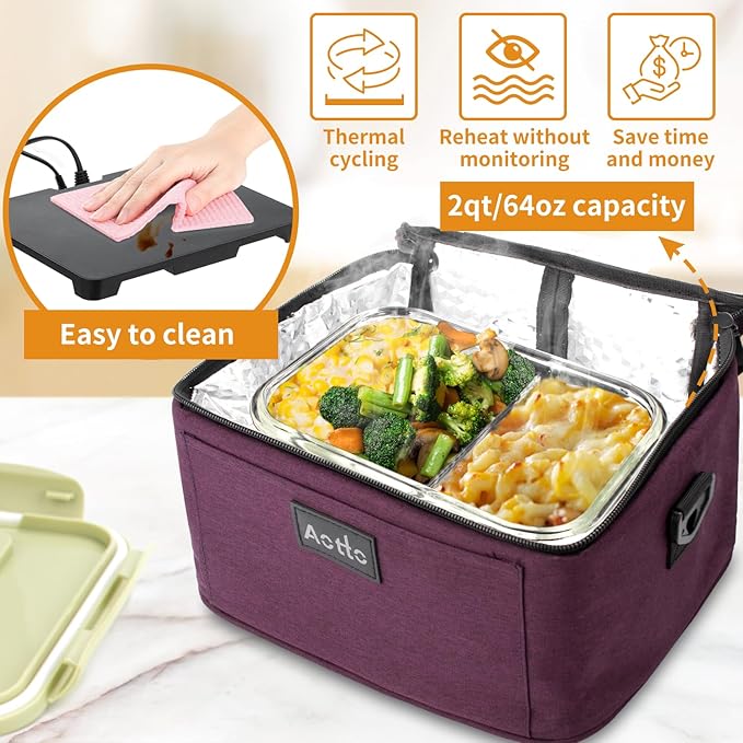 Aotto Portable Oven, Electric Lunch Box Food Heater - 12V/24V/110V 3-in-1 Car Food Warmer - Heated Lunch Box for Adults - Cook, Reheat & Keep Meals Warm for Vehicle, Travel, Work, Home - Deep Purple