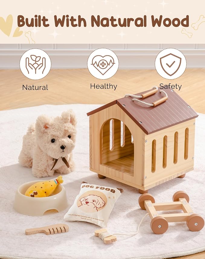 ROBOTIME Pull Dog Toy for Toddlers, Puppy Pet Care Pretend Play Set with Stuffed Animal, Dog House & Accessories, Walking Pull Along Toy, Educational Plush Gift for Boys and Girls