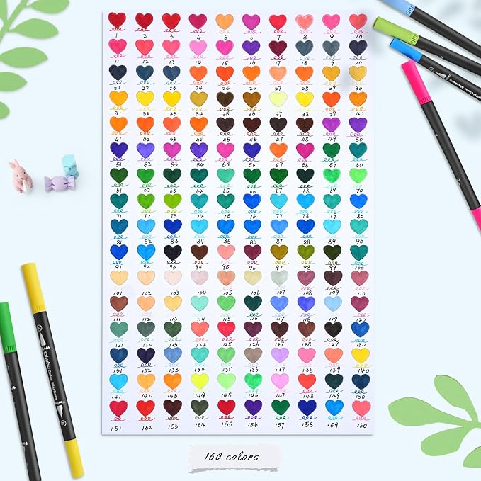 Ohuhu Markers for Adult Coloring Books No Bleeding 160 Colors Water-based Dual Tips Fineliner & Brush Coloring Markers for Kids Adults Beginners Drawing Pens for Journaling Lettering - Maui - Black