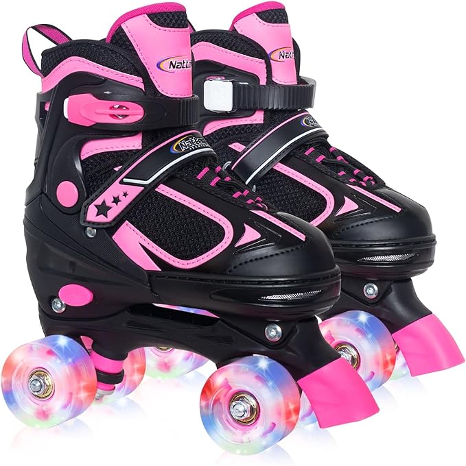 Nattork Kids Roller Skates for Boys Girls Kids, 4 Sizes Adjustable Quad Skates with All Light up Wheels - Birthday Gift for Indoor Outdoor Sports