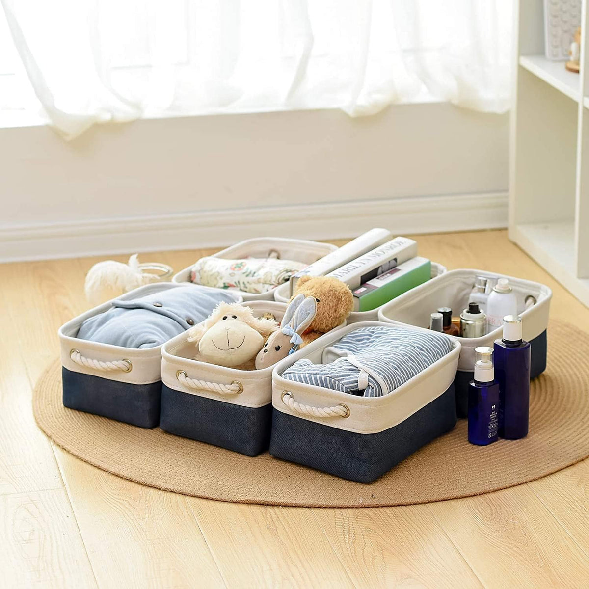 TheWarmHome Storage Bins for Shelves - 12x8x5.2 inch 1 Pack Baskets for Gifts Empty, Fabric Storage Cubes for Closet Organizing Dog Gift Cloth Toy (White & Jean Blue)