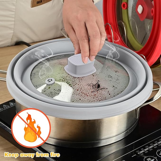 Tall Microwave Splatter Cover Glass Cover Guard Lid 5.8 inch Height with Collapsible Silicone for Food Pot Plate 8.5 inch Light Grey