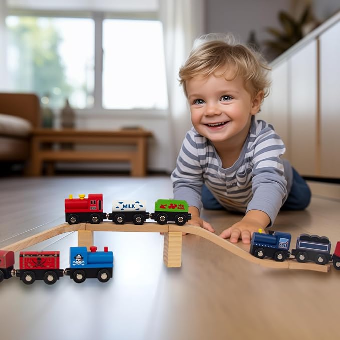 Wooden Train Sets for Toddlers, 9 Pcs Train Toy Magnetic Sets Fits Brio, Thomas, Melissa and Doug, Kids for Boys Girls 3 4 5 Years Old