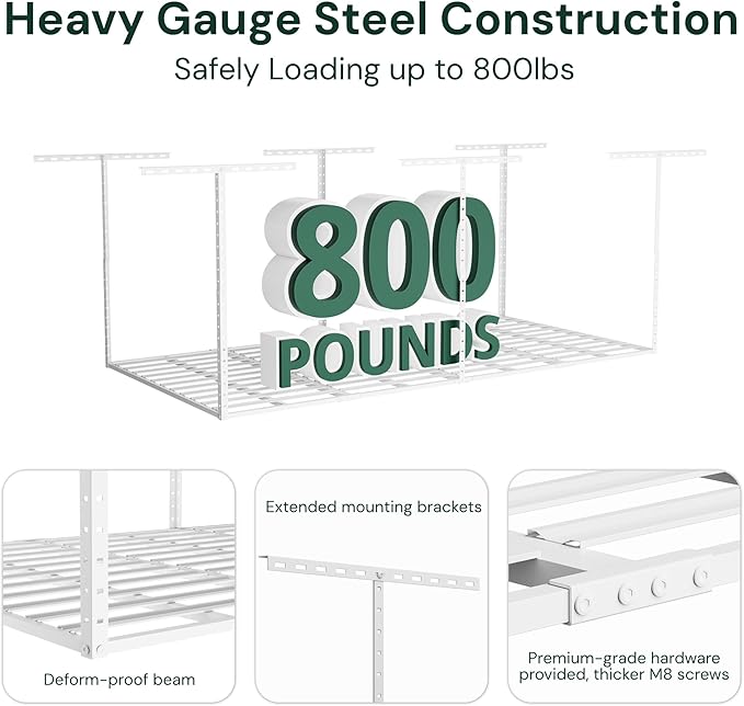 SunsGrove 3x6 Garage Storage Overhead Rack Organization, Adjustable Ceiling Mounted Storage Racks, 800LBS Weight Capacity, 22"-40" Ceiling Dropdown, 2 Pcs, White