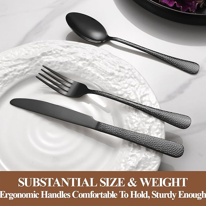40 Pcs Black Silverware Set for 8 with Hammered Design, Food Grade Stainless Steel Flatware Set, Eating Utensils Sets Include Fork/Knife/Spoon, Cutlery Set, Dishwasher Safe
