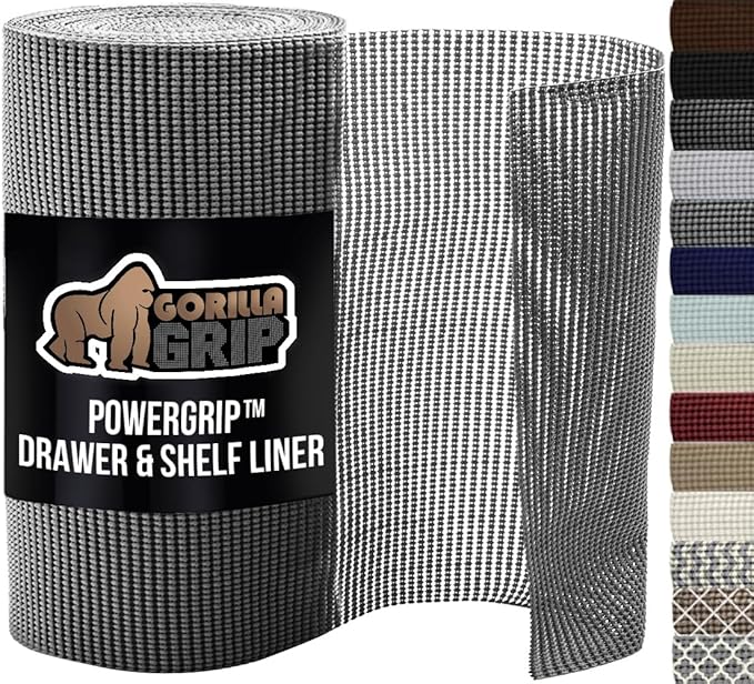 GORILLA GRIP powerGRIP Drawer Shelf and Cabinet Liner, Thick Strong Hold, Non-Adhesive Liners Protect Kitchen Cabinets and Cupboard, Bathroom Drawers, Easy Install, Breathable Mat, 12" x10', Gray