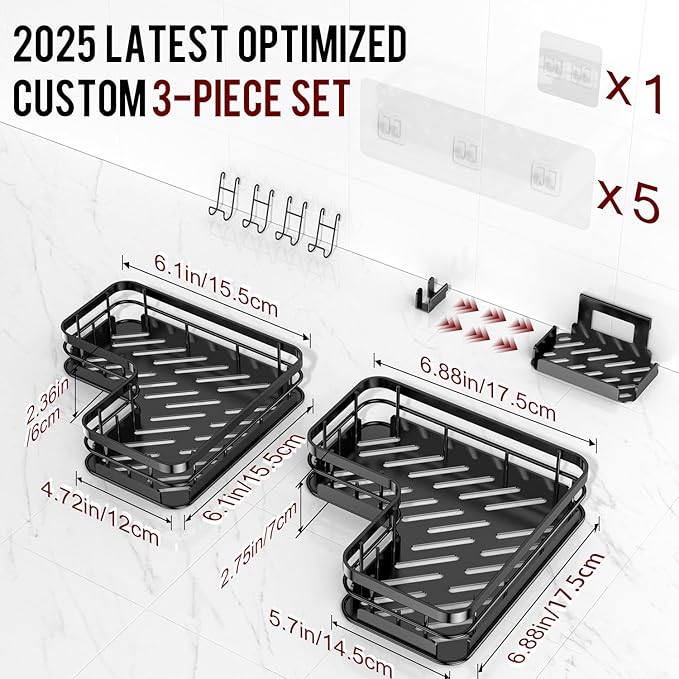 Large Capacity Shower Caddy, Heavy-Duty Adhesive Shower Organizers with Custom Aesthetic Design Soap, No Drilling Corner Shower Shelves, 5 Hooks for Bathroom Accessories - 3 Pack