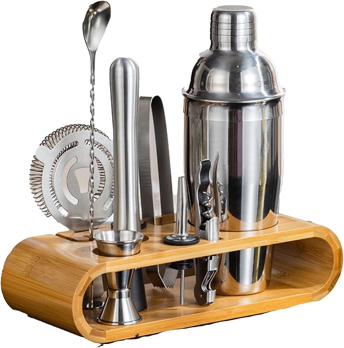 10-Piece Stainless Steel Cocktail Shaker Set with Stand – Bartender Kit w/Martini Shaker, Jigger, Strainer, Ice Tools & Decanter for Home Bar, Party & Gift