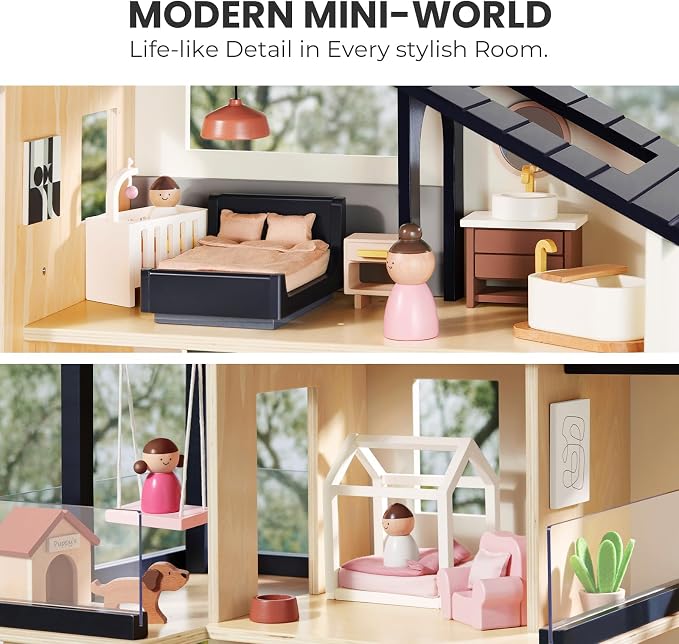 Tiny Land Modern Family Dollhouse & Wooden Dollhouse Garage Toy Set