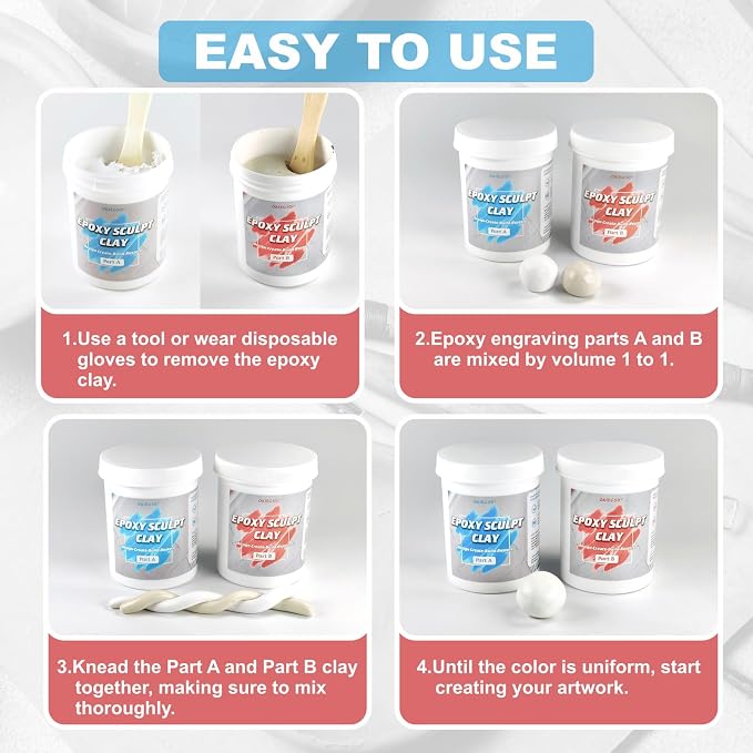 4 Pound White Epoxy Putty Sculpt Clay, 2 Part (A & B) Modeling Compound for Sculpting, Modeling, Building, Repairing, Self-Hardening Epoxy Clay Easily Repairs Metal, Wood, Tile, Ceramics, Plastic