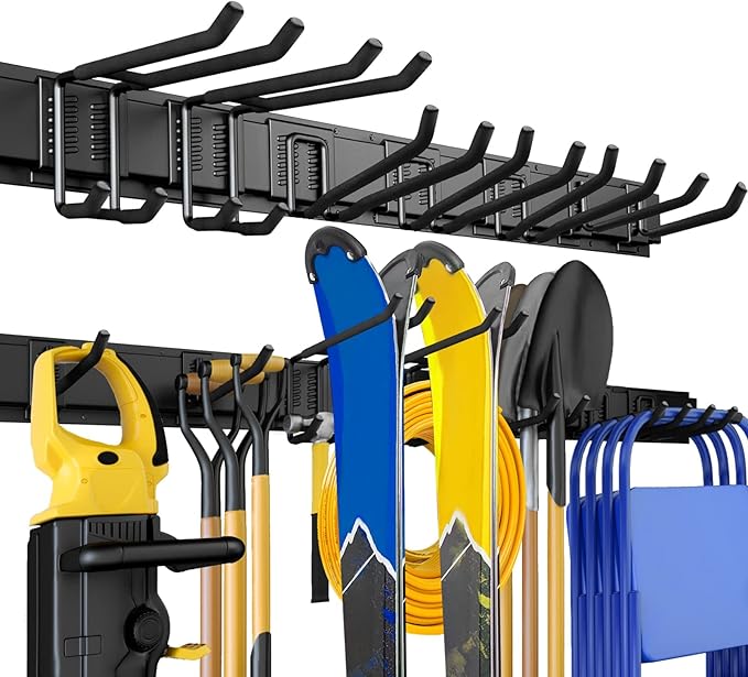 48" Garage Tool Organizer Wall Mount, 440lbs Garden Garage Storage Garage Organization with Adjustable Heavy Duty Hanging Hooks, Yard Rack Hanger System Shovel Rake Broom Ladder Holder, Men Gift