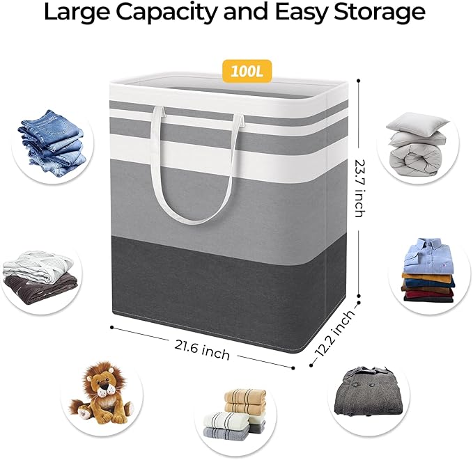 HomeHacks Laundry Basket,100L Each Waterproof, Freestanding Laundry Hamper, Collapsible Tall Clothes Hamper with Extended Handles for Clothes Toys in The Dorm and Family, 2-Pack Gradient Grey