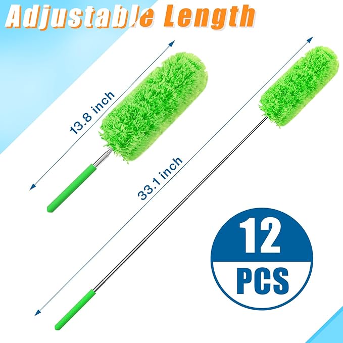 Tanlade 12 Pcs Microfiber Feather Duster for Cleaning 13-31 Inch Extendable Cobweb Dusters Ceiling Fan Duster Washable Bendable Tool for Office Car Window Furniture (Green)