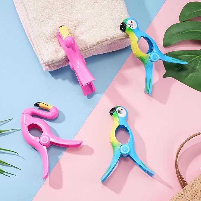 Beach Towel Clips, Sopito Jumbo Size Towel Clips for Beach Chairs Cruise Pool Patio or Daily Use-Secure Hang Seal, Set of 4 (Flamingo Parrot)