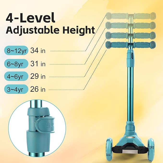 3 Wheel Scooter for Kids Ages 6-12,Kids Scooter with Light Up Wheels, Sturdy Deck Design, and 4 Height Adjustable Suitable for Kid Ages 3-12