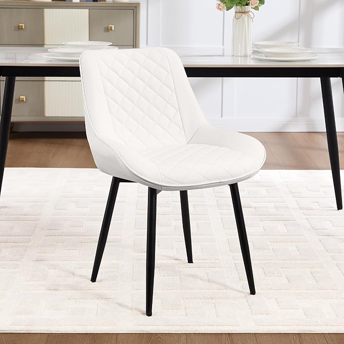 Dining Chair, Modern Dining Chairs with Thick Cushions, Faux Leather Upholstered Kitchen Dining Room Chairs with Metal Adjustable Legs for Dining Living Room, White