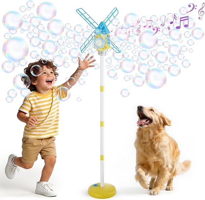 Belemar Windmill Bubble Machine Toys for Kids & Boys, Standing Bubble Blower with Lights & Music, 51" Adjustable Height, 130ml Tank, Bubble Solution Included, Outdoor Toy for Parties & Birthdays