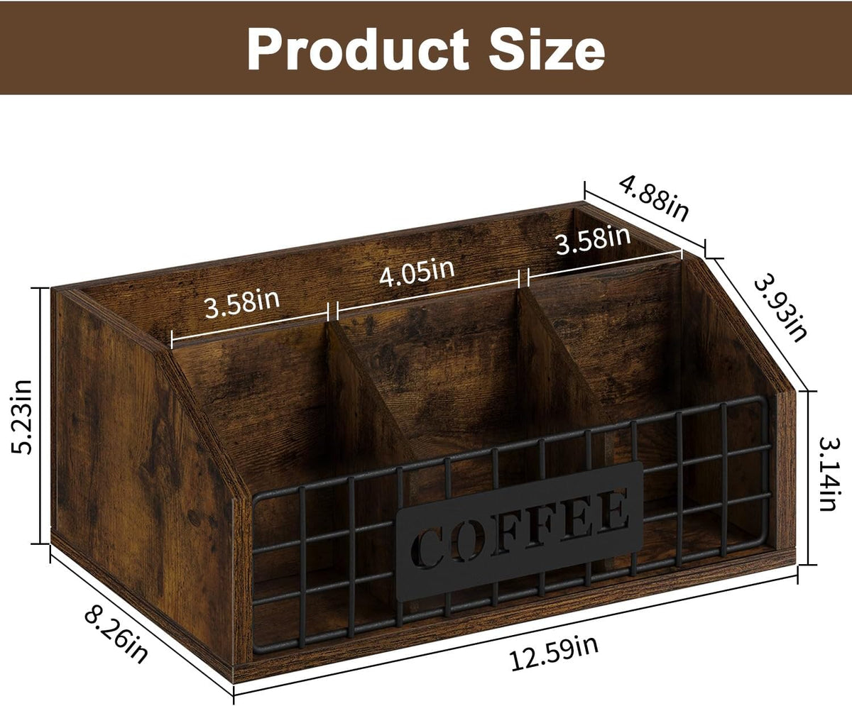 YINMIT Coffee Station Organizer for Countertop, Wood Coffee Bar Organizer with Removable Dividers for Pods, Syrup, Cups, Stirrer, Tea - Office Bar Accessories, Iron Wire-Vintage Brown