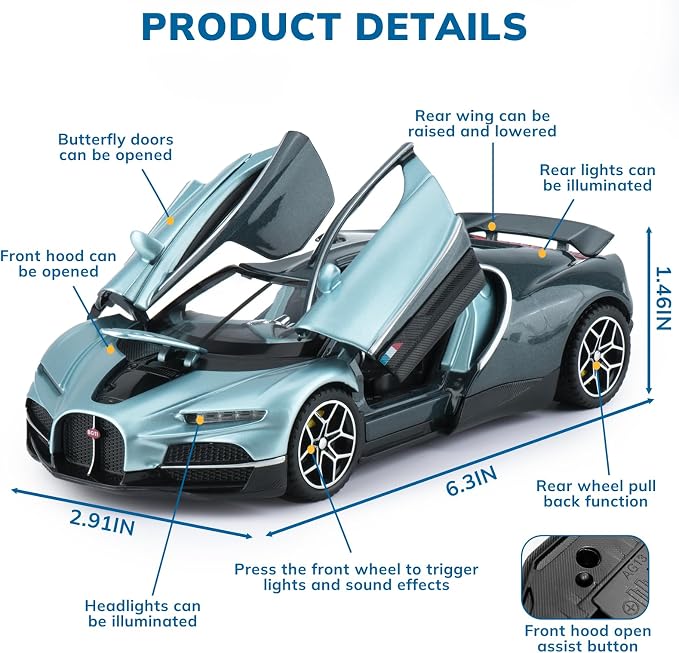 Car Toys for Boys 1 32 Diecast Cars Collectibles Car Model Kit,Metal Toy Car for Boys and Girls,Pull Back Cars with Lights and Sounds,Cars for Kids Ages 3-5（Blue）