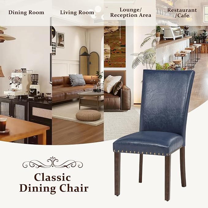 Furniliving Upholstered Dining Chairs Set of 2 - PU Leather Modern Farmhouse Kitchen Chairs, High-Back Dining Room Chairs with Wooden Legs for Kitchen Dining Room Living Room.Blue