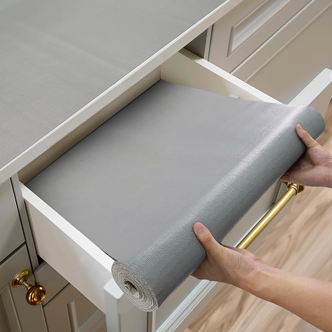 Shelf and Drawer Liner for Kitchen Cabinets Non-Adhesive, Strong Grip Non-Slip Thickened Cabinet Liners for Shelves, Waterproof Mats for Dresser Cupboard, Pure Gray, 17 in x 30 Feet