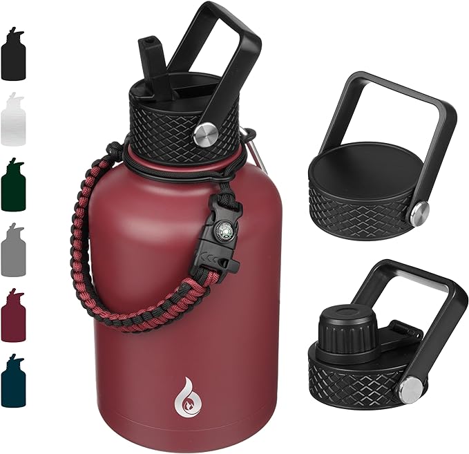 BJPKPK Insulated Water Bottles with Straw Lid, 50oz Large Water Jug, Stainless Steel Vacuum Bottles, Hot & Cold Thermo with 3 Lids and Paracord Handle,Brick Red