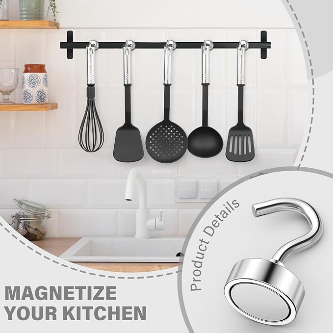 8 Pack Magnetic Hooks for Cruise Cabins, 25 LB Neodymium Magnets with Hooks, Heavy Duty Magnet Hooks for Hanging, Kitchen, Office, Towels, Curtains, Mug Holders (Silver)