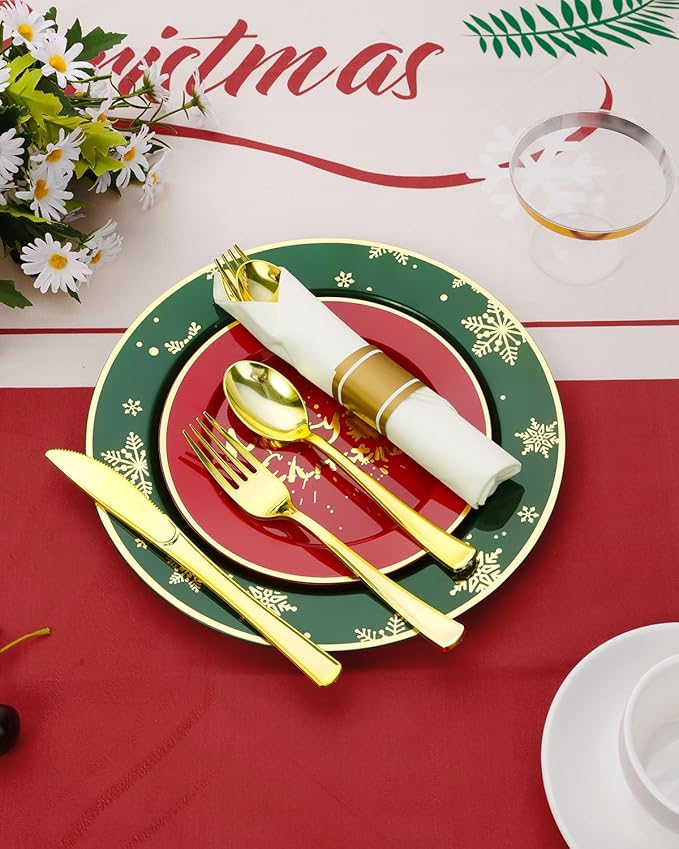 Goodluck 350 Piece Christmas Plates Sets for 50 Guests, Christmas Tableware Disposable for Party, Include 100Plates, 50Pack Pre Rolled Napkins with Silverware, 50Cups for Party, Wedding, Graduation