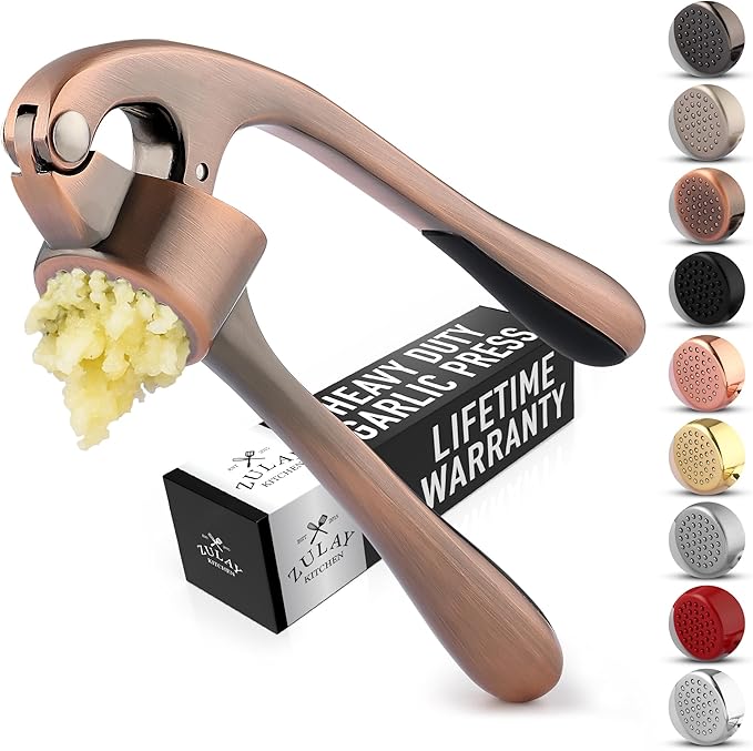 Zulay Kitchen Premium Garlic Press - Durable Garlic Masher with Soft, Easy to Squeeze Handle - Garlic Mincer Tool - Sturdy Easy to Clean Garlic Crusher (Copper)