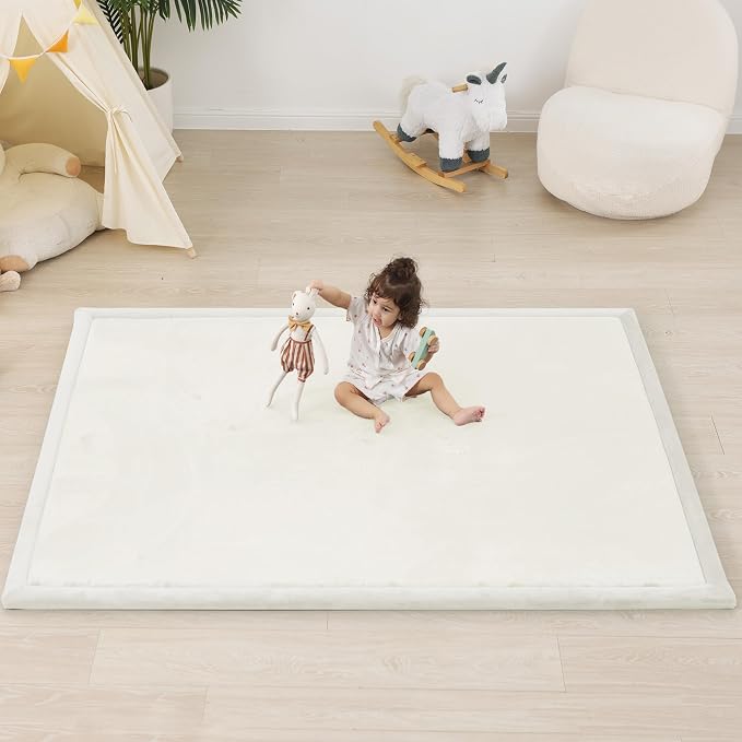 1.5" Thick Padded Baby Play Mat for Floor Tummy Time, Pro Soft Foam Activity Playroom Playmats, Easy Care with Non-Slip Safe for Infant Toddler Kids Crawling 39"x 59" (Cream)