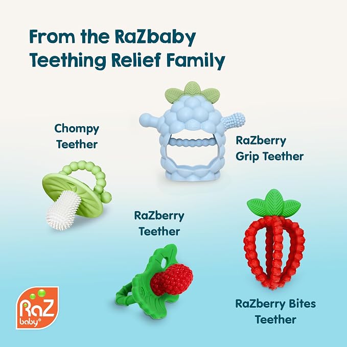 RaZbaby RaZberry Grip Silicone Teether Toy for 3M+ | Drop Resistant Hand Held Teether for Babies and Infants - Designed by Nature with Our Patented BerryBumps Multitextured Design | 3M+, Blue