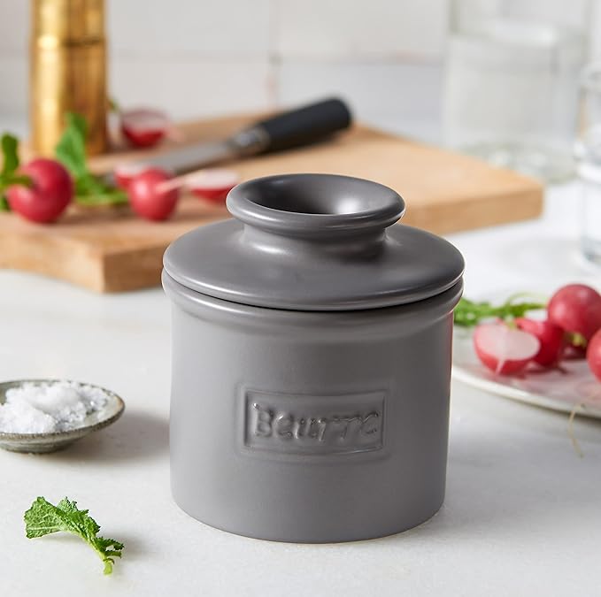 Butter Bell - The Original Butter Bell crock by L Tremain, a Countertop French Ceramic Butter Dish Keeper for Spreadable Butter, Café Matte Collection, Steel Gray