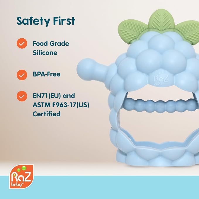 RaZbaby RaZberry Grip Silicone Teether Toy for 3M+ | Drop Resistant Hand Held Teether for Babies and Infants - Designed by Nature with Our Patented BerryBumps Multitextured Design | 3M+, Blue