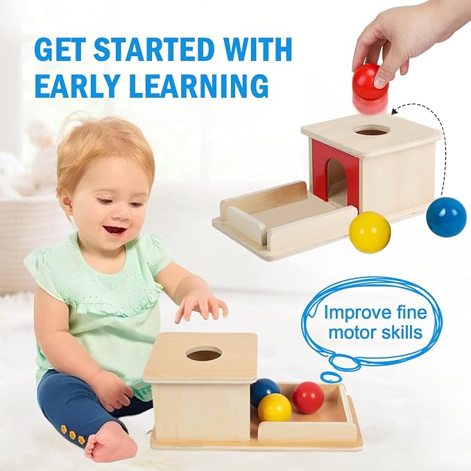Adena Montessori Wooden Toy for 6-12 Month Baby 3 Balls,Object Permanence Box with red Door Colorful Learning Education Toy for Toddler Kid 1-2 Year Old, Preschool Girl and Boy Gift Full Size Typical