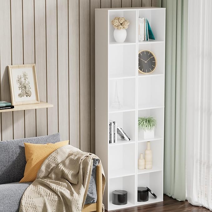 Tall Narrow Bookshelf 6-Tier Bookcase,70.5" Skinny Thin Corner Shelf Slim Storage Cabinet,Wood DVD CD Media Cube Organizer Tower Rack for Small Spaces, Bedroom, Living Room, Office,White