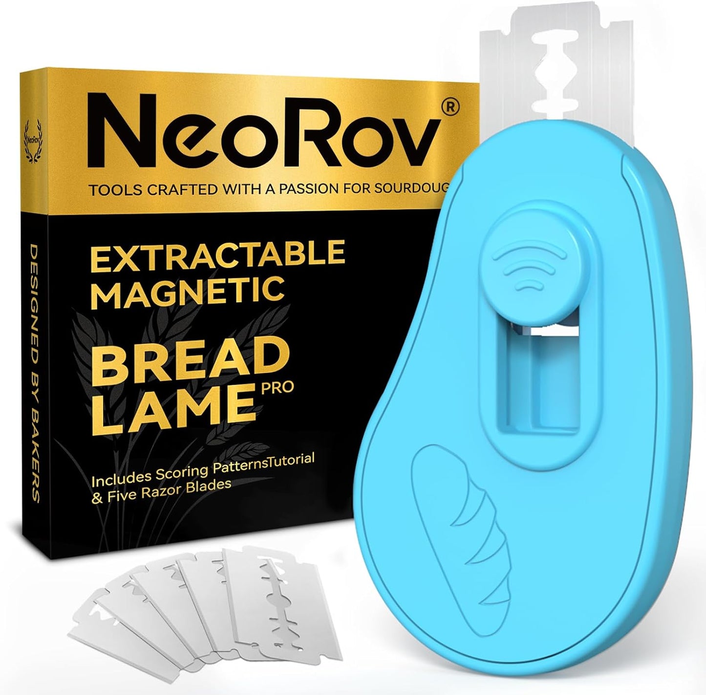 Extractable & Magnetic Bread Lame Dough Scoring Tool - Professional Sourdough Scoring Tool - Sourdough Bread Baking & Bread Scoring Tool - Scoring Patterns booklet & 5 Razor Blades (Blue)