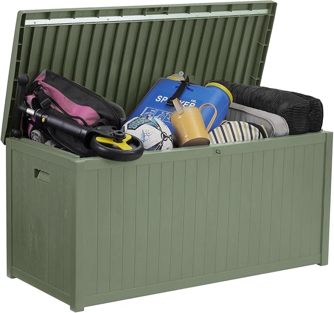 EHHLY 120 Gallon Outdoor Storage Box, Lockable Outside Storage Box Waterproof, Patio Cushions Deck Storage Boxes, Rattan Plastic Garden Hose Containers Resin Pool Storage Bins with lids, Sage Green