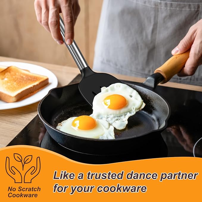 Yoehka Silicone Cooking Utensils Set for Nonstick Cookware, 4Pcs Heat Resistant Kitchen Silicone Spatula and Spoon Set with Stainless Steel Handle, Mixing, Flipping, Turning, Stirring, Black