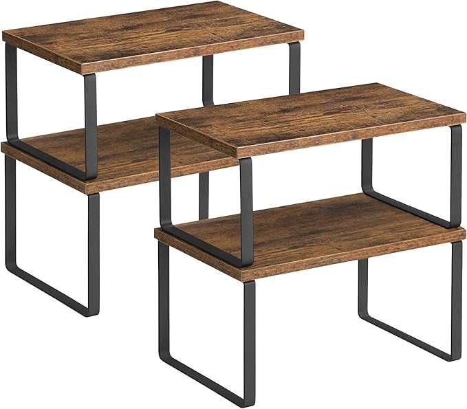 SONGMICS Cabinet Organizer Shelf, Set of 4 Kitchen Counter Shelves, Kitchen Storage, Spice Rack, Stackable, Expandable, Metal and Engineered Wood, Ink Black and Rustic Brown UKCS021X01