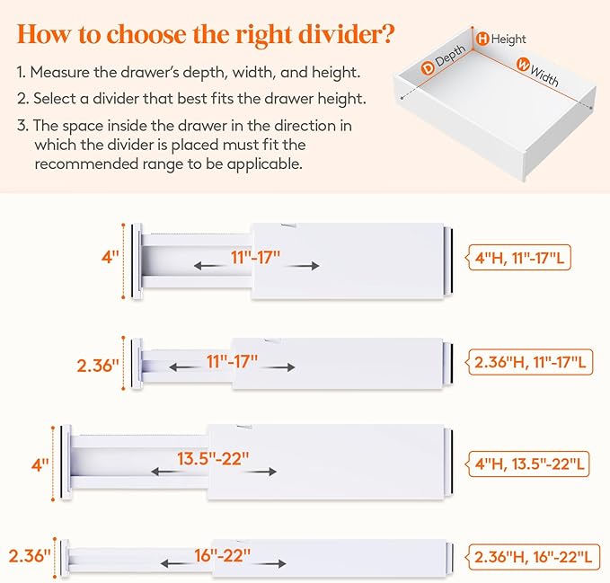Lifewit 8 Pack 4" High Drawer Dividers 28-43.5cm/11-17" Adjustable Drawer Organizer for Clothes/Utensils, Expandable Drawer Separator in Dresser/Kitchen/Bedroom/Office Organization & Storage White