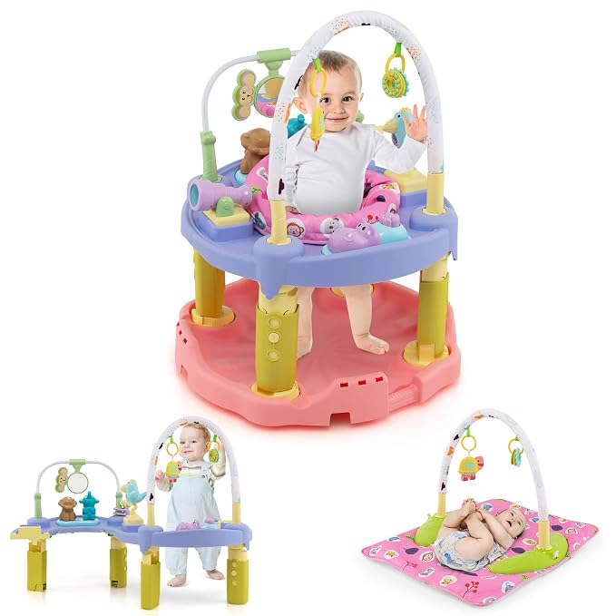 BABY JOY Baby Bouncer Activity Center, 3 in 1 Activity Center & Table | Infant Play Mat, Bouncing Activity Saucer w/Music, 3 Adjustable Height, 360° Seat for Babies 0-24 Months (Pink)