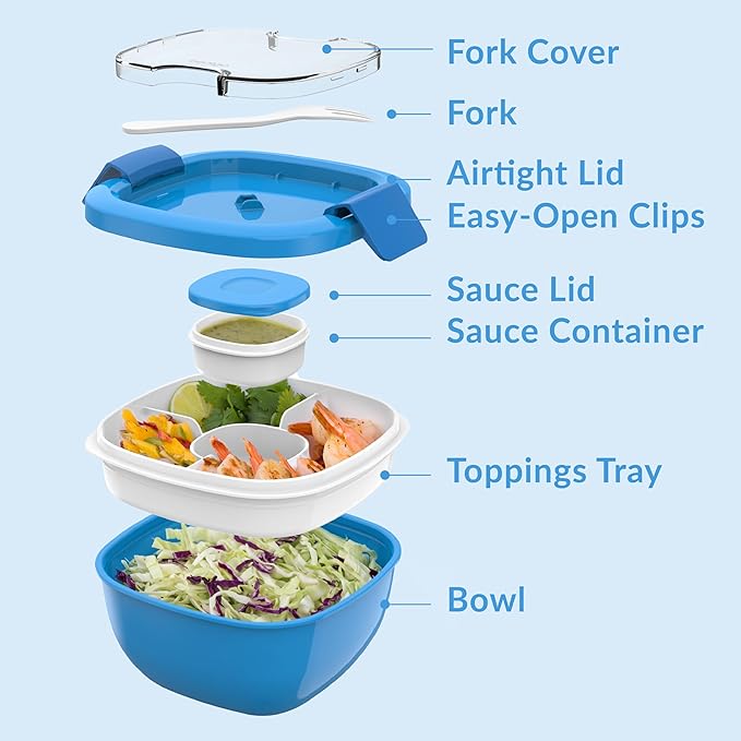 Bentgo Salad Container - 54 oz Bowl with 4-Compartment Toppings Tray, Leak-Proof Dressing Container, Reusable Fork, BPA-Free Lunch Box for Meal Prep & Food Storage; Removable Bento Tray (Blue)