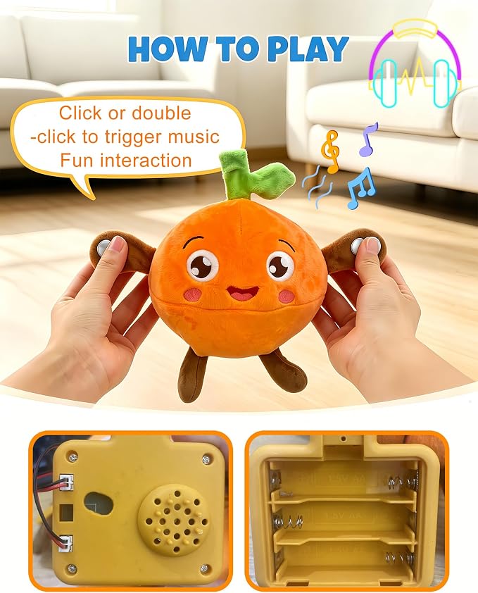 Soft Plush Musical Sensory Toy, Interactive Plush Toy with Sounds, Skin Touch Activated Sound Doll, Dual Mode Educational Toy, Fruit Style Gift for Baby Kids Boys Girls All Ages (Orange)